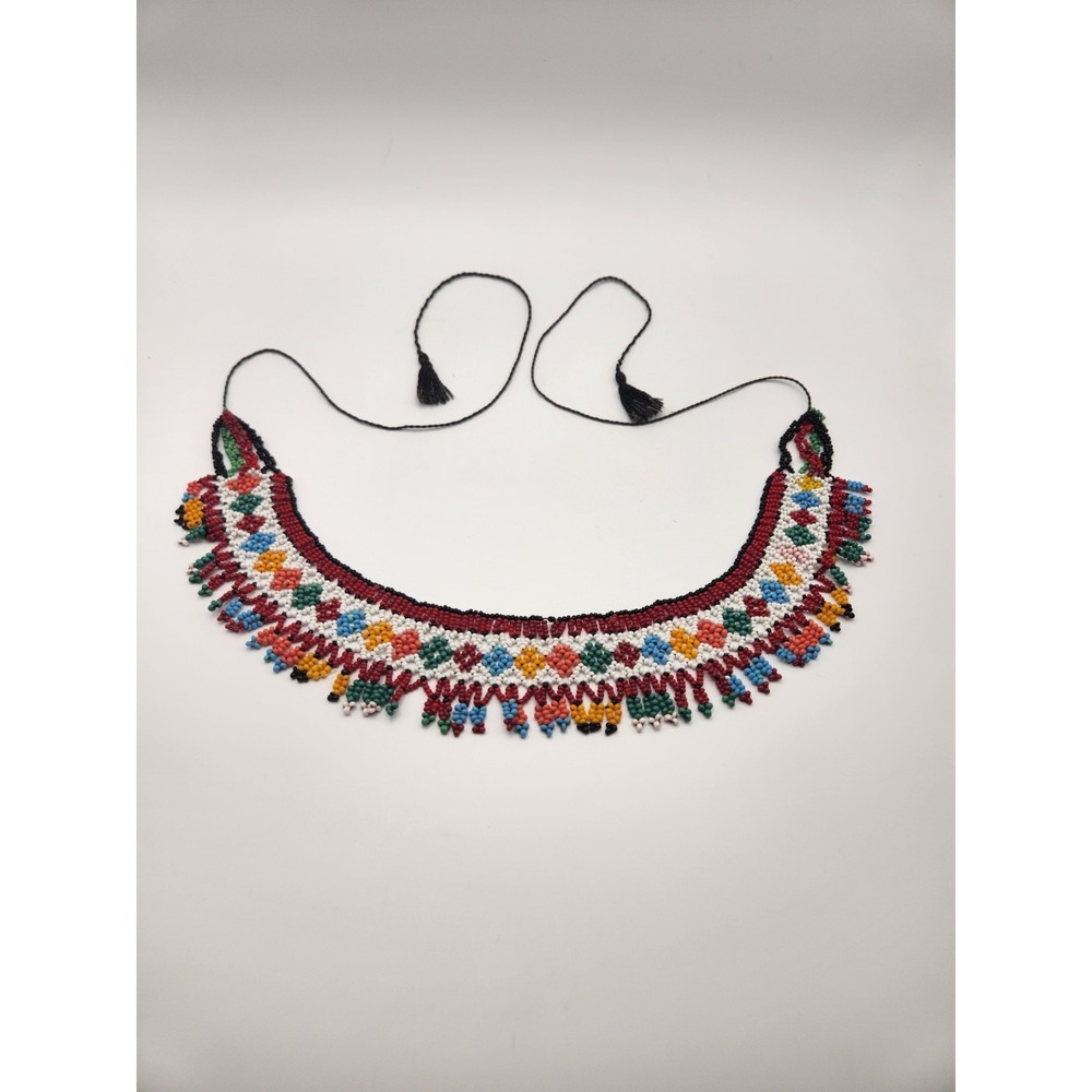 Handmade Beaded Collar Necklace Multi Color Geometric Diamond Fringe Boho Tie